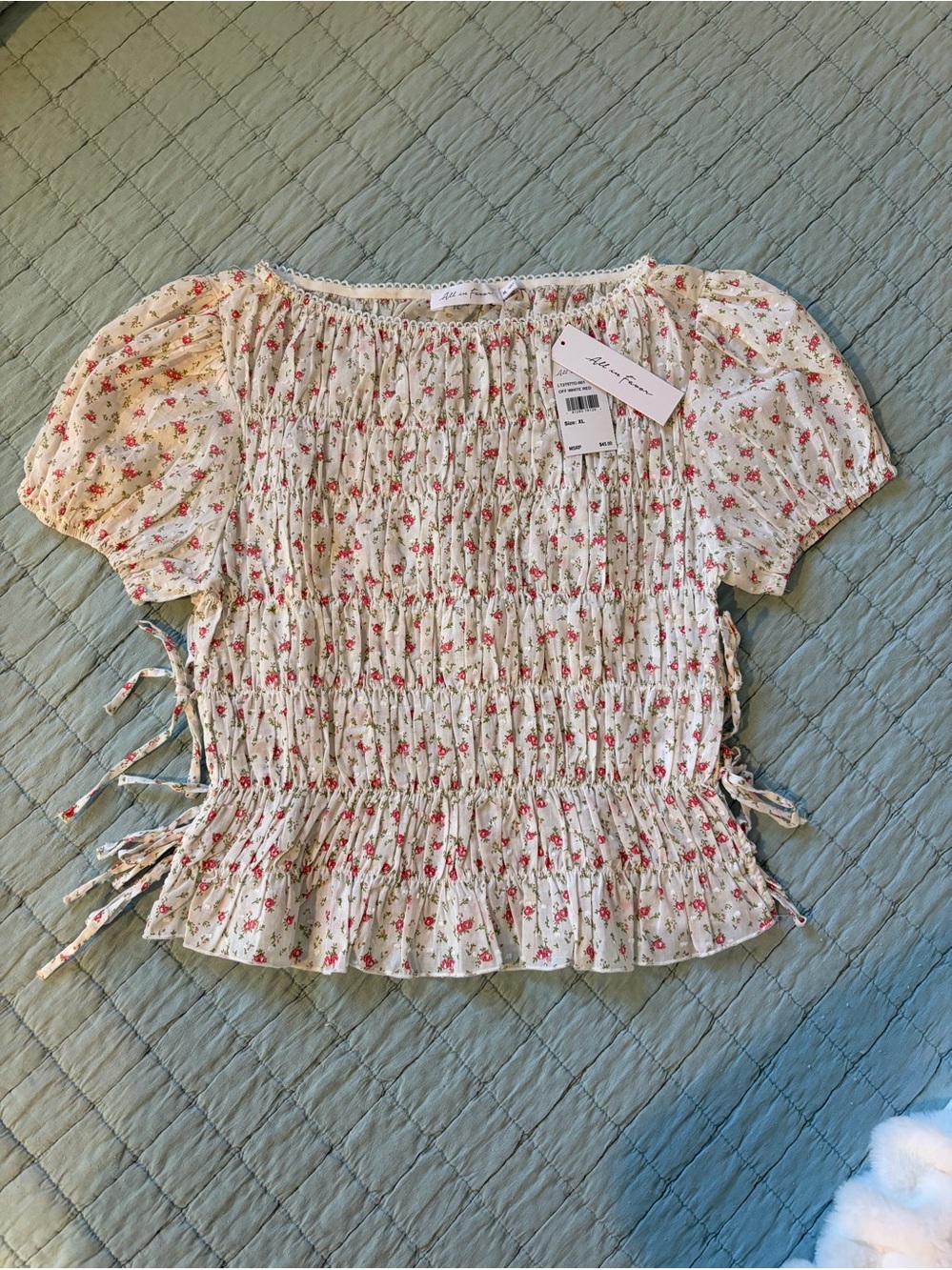 ALL IN FAVOR Smocked Floral Short Sleeve Top in White, Red & Green.